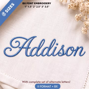 Addison Embroidery Font, Elegant, Decorative, Cursive Machine Embroidery Alphabet, 6 Sizes - BX, PES + 10 formats