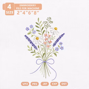 Wildflower Bouquet Embroidery Design, Colorful Botanical Floral Bunch Machine File for Embroidery, Easter Floral Meadow Flower Bouquets