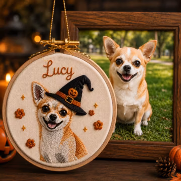 Custom Pet Portrait Embroidery Hoop | Halloween Witch Dog Art, Personalized Name