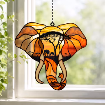 Elephant Acrylic Suncatcher, Safari Sunset Window Hanging, Stained Glass Style Wildlife Decor, Elephant Lover Gift