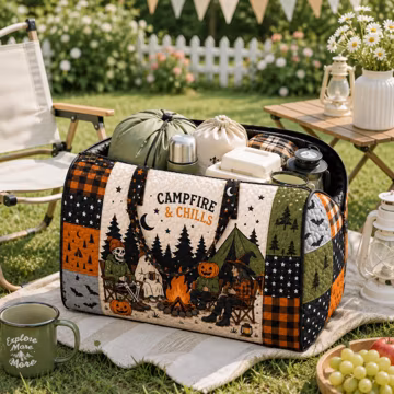 Halloween Camping Quilted Duffel Bag, Spooky Campfire & Chills Travel Bag, Autumn Weekender Bag, Halloween Outdoor Decor, Gift, GIFT 2026