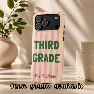 Personalized Teacher Grade Level Phone Case | Custom Name Pink Striped Case | Pre-K to 5th Grade | MagSafe Compatible | iPhone Case