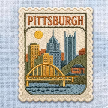 Pittsburgh Pennsylvania Embroidered Patch, City Skyline Travel Souvenir Iron On Patch, Vintage Postage Stamp Sew On Jacket Backpack Badge