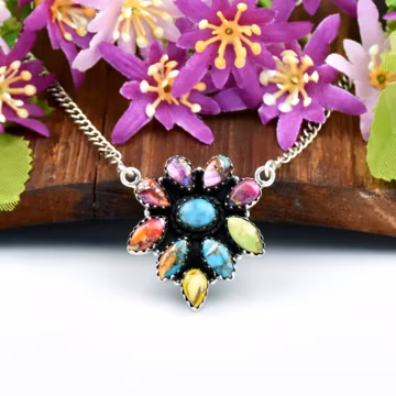Multi Color Turquoise Flower Necklace, Sterling Silver Boho Necklace, Handmade Southwestern Jewelry