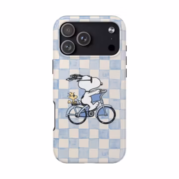 Snoopy Bicycle Phone Case, Blue Gingham Checkered iPhone Case, Cute Cartoon Dog Cover, Aesthetic Peanuts Inspired Gift for Her