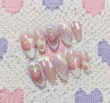 3D Strawberry Milk Dream Press On Nails, Pastel Pink Lavender Set with Strawberry, Cream Drip, Soft Plaid, Sweet Dessert Aesthetic Design