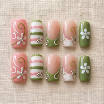 Hand Painted Daisy Swirl Press-On Nails, Pink Green Floral French Tips