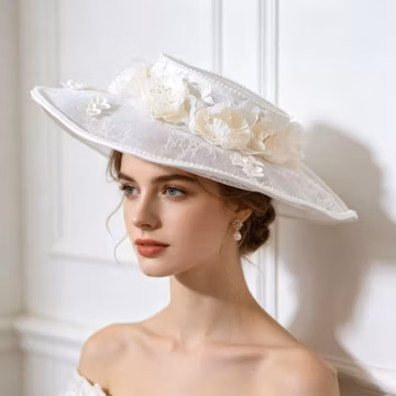 intage White Lace Bridal Hat with Flowers, Elegant Wedding Hat for Bride