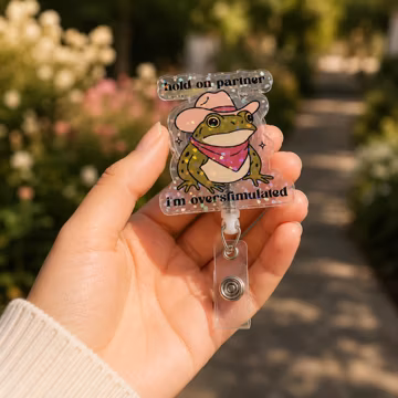 Hold On Partner Frog Badge Reel, Overstimulated Cowboy Frog ID Holder, Funny Nurse Gift
