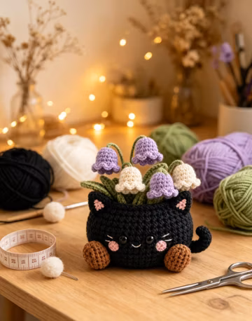 Halloween Crochet Black Cat Lily of the Valley Pot, Spooky Cute Forever Bellflower Desk Decor, Witchy Kitty Planter Ornament