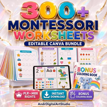 300+ Montessori Worksheets PLR MRR Bundle | Editable Canva Preschool Activities, Toddler Busy Book, Homeschool Printables, Instant Download