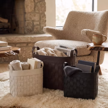 Woven Leather Storage Basket, Handcrafted Black Organizer Bin, Minimalist Home Decor