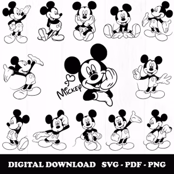 Mickey and Minnie Mouse Black and White SVG, Png Bundle, Digital Download,