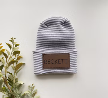 Hospital Size Newborn Baby Personalized Faux Leather Patch Beanie // Name Beanie // Laser Engraved