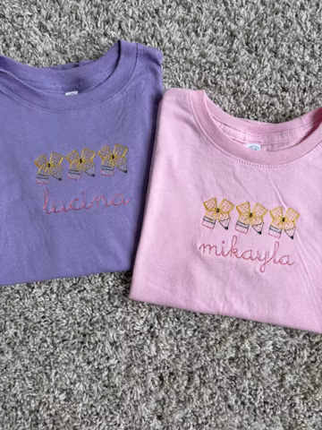 Personalized Kids Shirt: Embroidered Pencil Bows, Custom Name