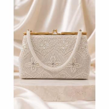 Vintage Mid-Century Beaded Evening Bag | White Seed Bead Bridal Purse, Rhinestone Kiss Lock