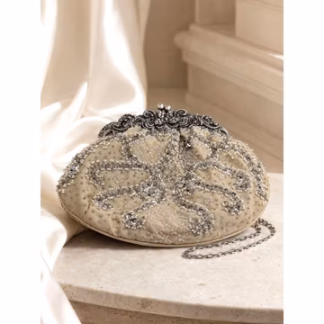 Vintage 1990s Beaded Evening Bag | Champagne Satin Bridal Clutch by Carlo Fellini