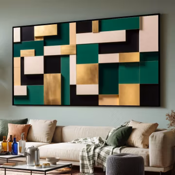 Modern Geometric Abstract Canvas, Gold Green Black Wall Art, Rectangle Shapes, Contemporary Home Decor, Luxury Canvas Painting