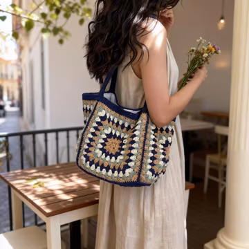 Handmade Granny Square Crochet Tote Bag, Vintage Boho Cotton Shoulder Bag