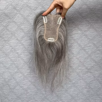 Invisible Lace Straight Grey Salt and Pepper Hair Extension Clip in 9x12cm Lace Base Hairpiece