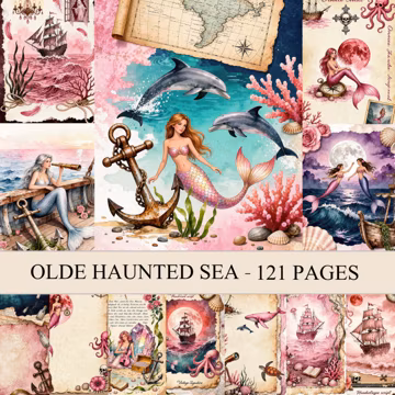Olde Haunted Sea Pages, Nautical Journal Kit, Mermaid Digital Paper (121 Pages)