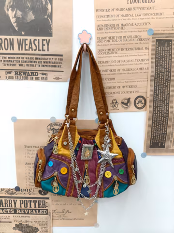 Retro Boho Patchwork Shoulder Bag, Multi Color Faux Leather Button Detail Star Chain Maximalist Daily Hobo Handbag