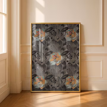 Abstract Flower Leaf Jacquard Woven Print, Gold Black Orange Turquoise Purple Art (Digital Download)