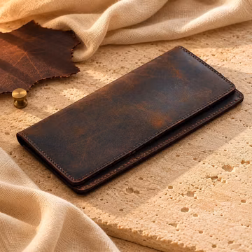 Handmade Crazy Horse Leather Long Wallet, Vintage Slim Bifold Card Holder
