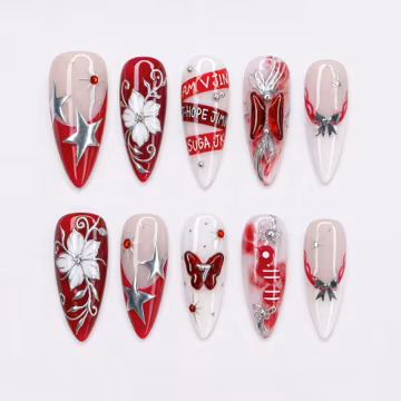 Cherry Red Coquette Press On Nails, BTS Concert Fake Nails | 3D Silver Lily, Butterfly & Bow Charm | Handmade Stiletto Nail Art