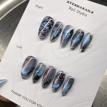 Galaxy Press On Nails, Handmade Almond Fake Nails | Ink Marble, Silver Chrome Edge & Cat Eye Shift | Dark Cosmic Nebula Nail Art