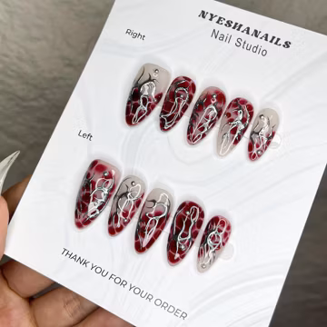 Red Cyber Sigilism Press On Nails, Handmade Almond Fake Nails | Silver Chrome & Marble Design | Gothic Biomech Nail Art