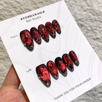 Blood Red Gothic Press On Nails, Handmade Almond Fake Nails | Cat Eye & Black Marble Design | Vampire Witchy Chrome Nail Art
