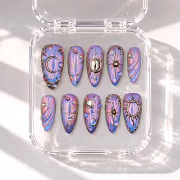 Celestial 3D Chrome Press On Nails - Purple Aurora Galaxy Fake Nails - Mystical Moon and Sun Almond Gel Nails