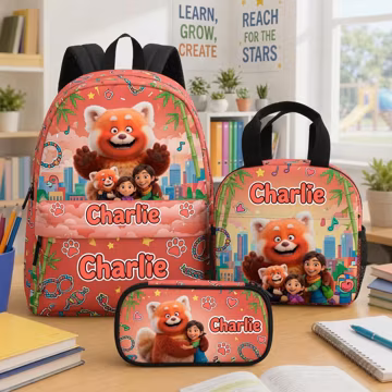 Turning Red Backpack: Personalized Mei Lee Red Panda School Backpack Set, Custom Name School Bag, Lunch Box Pencil Case, Gift for Girls