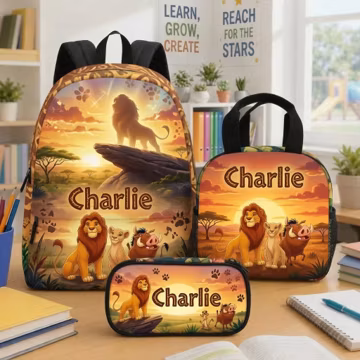 Personalized Lion King Backpack Set, Custom Name School Bag, Safari Animal Lunchbox, Gift for Boy