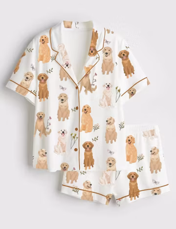 Golden Retriever Satin Pajama Set Cute Dog Lover Sleepwear Premium Like Loungewear Long and Short Sleeve PJs Set Puppy Theme Gift for Her