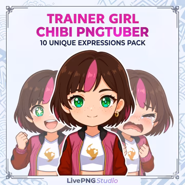 Chibi Anime Trainer Girl PNGTuber Avatar | 10 Expressions Pack (Veadotube Mini)