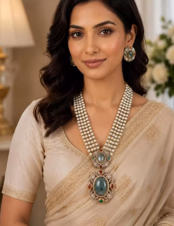 Indian Bridal Jewelry Set, Multi Strand Pearl Mala Necklace with Large Jade Emerald Pendant and Stud Earrings, Kundan Meenakari Wedding Set.