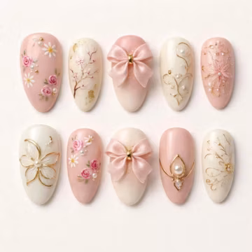 Pink Floral Bow Press On Nails, 3D Pearl Accents, Elegant Bridal Set