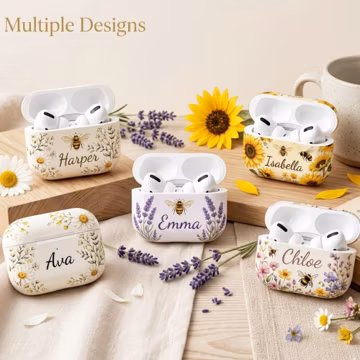 Personalized Bee Floral AirPods Case, Custom Name Daisy AirPods Pro Cover, Birthday Gift for Her, Cottagecore Earbuds Case