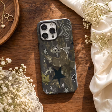 Distressed Star Collage Phone Case,Vintage Grunge Celestial Art Print,For iphone 17 16 15,Samsung S26 S25,MagSafe Compatible Magnetic Stand
