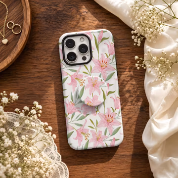 Watercolor Pink Lily Floral Phone Case,Vintage Pastel Garden Flower,For iphone 17 16 15,Samsung S26 S25,MagSafe Compatible Magnetic Stand