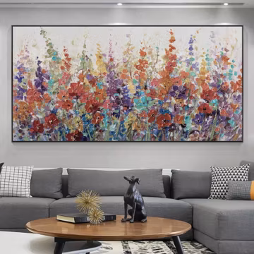 Abstract Wildflower Oil Painting, Colorful Impasto Floral Art, Large Botanical Wall Decor, Textured Meadow Artwork, Panoramic Canvas
