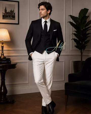 Men's Black & White 3 Piece Suit | Custom Wedding Outfit