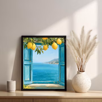 Mediterranean Window View Wall Art | Coastal Lemon Tree Printable | Italian Seaside Landscape