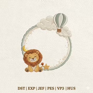 Baby Lion Balloon Frame, Safari Nursery Monogram Frame, Hot Air Balloon Embroidery Design, Instant Download Dst Pe