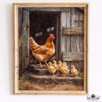 Rustic Farmhouse Hen and Chicks Print, Cottagecore Wall Art, Earthy Textured Painting, Cozy Country Decor, Printable Digital Download 279