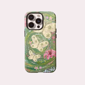 Green Swirl Glitter Butterfly Floral Phone Case, Hand Painted Pink Lily Cottagecore Cover for iPhone 17 16 15 14 13 Pro Max Samsung S25 S24