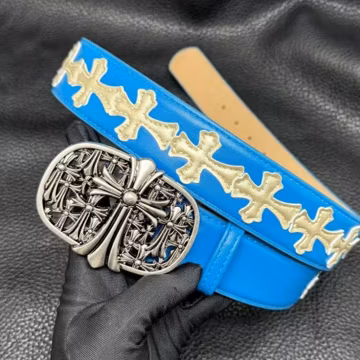 Luxury Blue Leather Gothic Cross Belt - Gold Cross Inlay - Ornate Sterling Silver Buckle Y2K Aesthetic