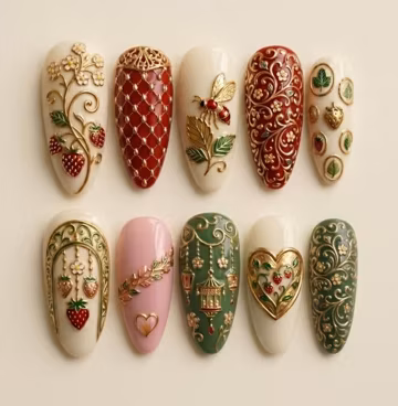 Baroque Vintage Press On Nails, Gold Filigree Bee Floral Art, Almond Shape